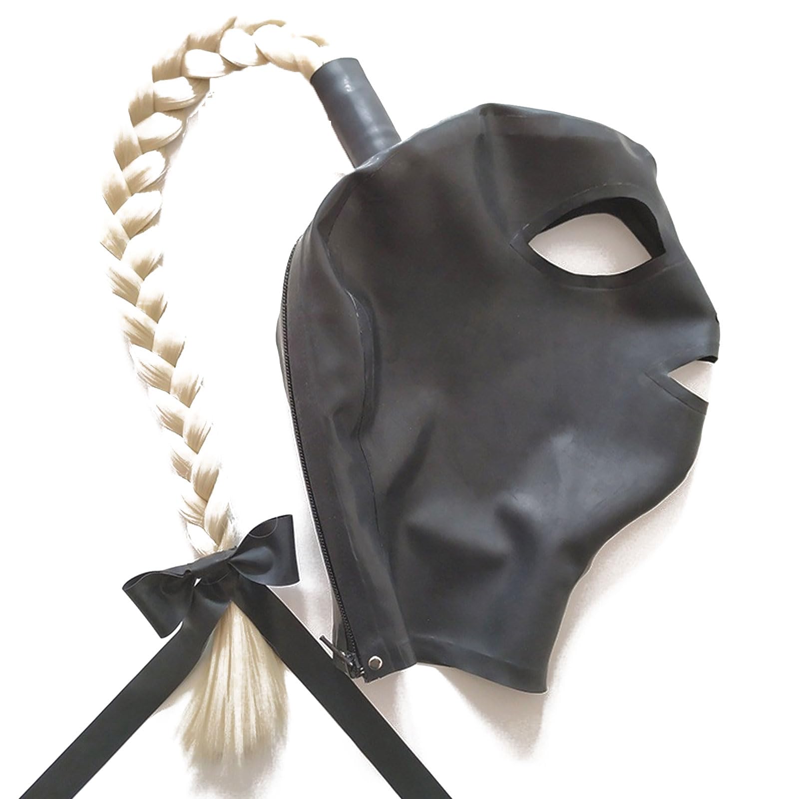 DSPENGS Latex Hood Mask Black Rubber Head Cover with Gold Ponytail Zipper Suitable for BDSM Halloween Party(Size:XL-64CM)