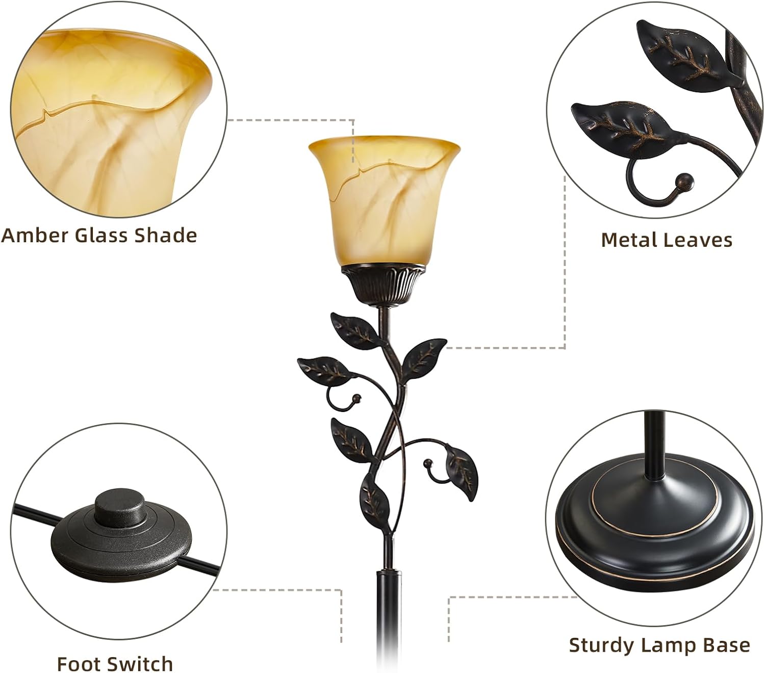 RORIANO 72” Flower Farmhouse Floor Lamp for Living Room, Unique Rustic Leaf Tall Standing Lamp with Amber Glass Shade and Traditional Foot Switch for Bedroom, Corner, Office, Bulb Included (Bronze)