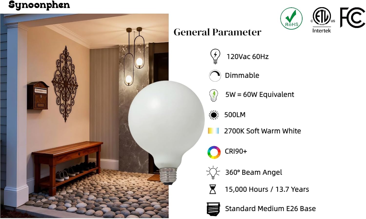Oversized G40 Large Globe Light Bulb 60 Watt Equivalent, Dimmable E26 Base, Warm White, Porcelain Coated Edison Bulb, CRI90+, Matt Decorative LED Bulb for Pendant Vanity Light, 1 Pack