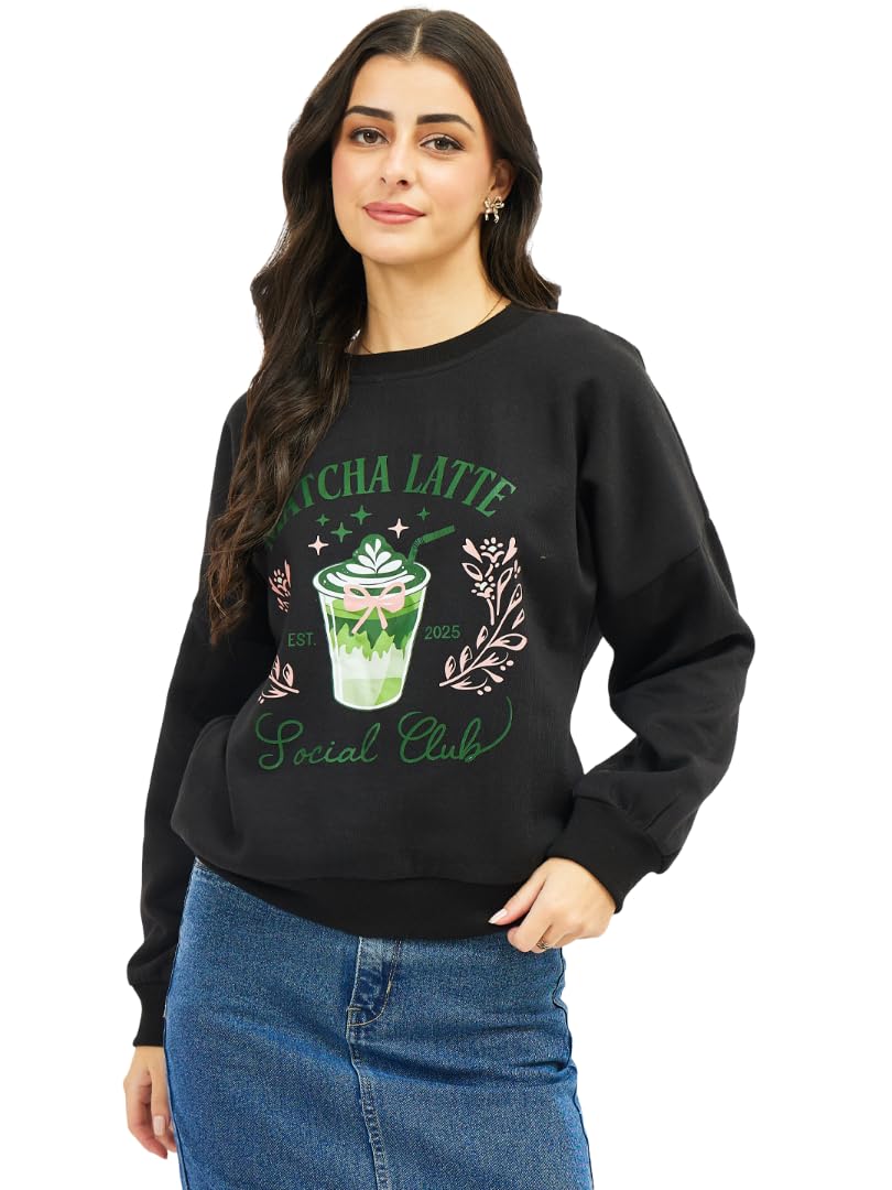 athena lifestyle Women’s Black Graphic Matcha Printed Sweatshirt | Casual Cotton Blend Pullover | Trendy Matcha-Themed Graphic Winter Sweatshirt for Women-picture-22