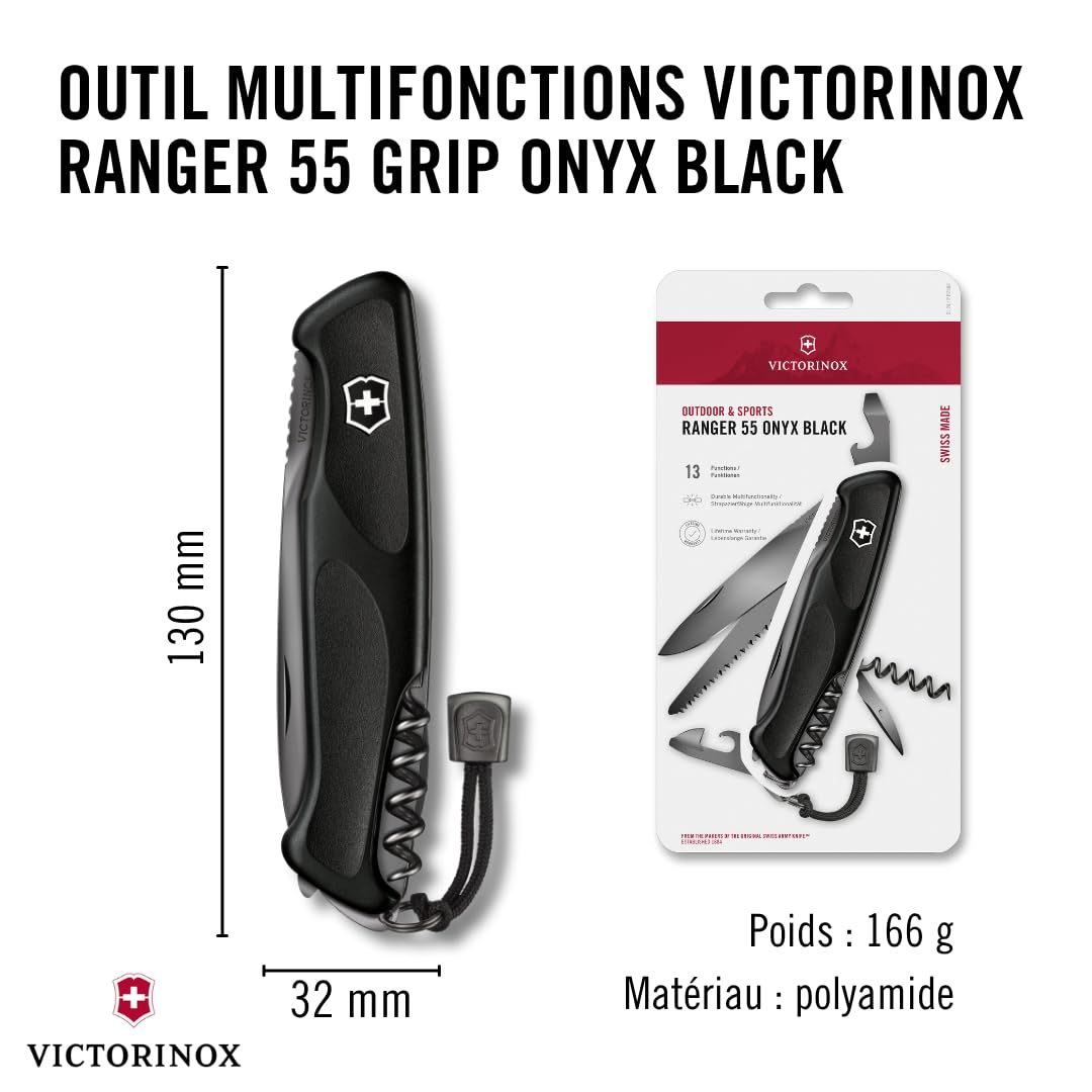 Victorinox, Ranger 55 Grip Onyx Black, Couteau de Poche Suisse, Multifonction, Léger, 13 Fonctions, Grande lame, Ouvre-boîtes, Tournevis 3 mm, Blocable