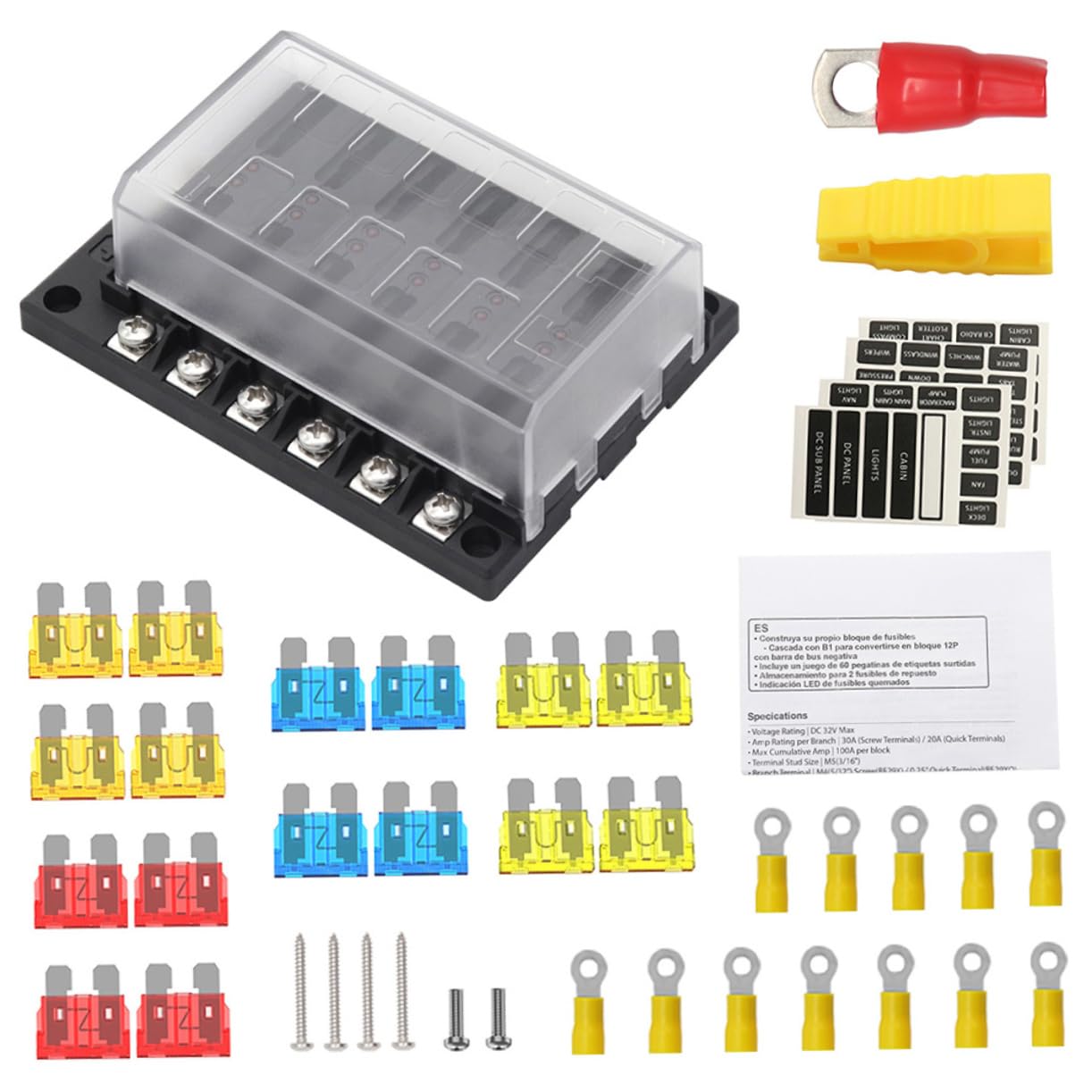 Marine and Auto Fuse Block 42pcs Kit Led Indicator Waterproof Fuse Box for Boat Car Rv