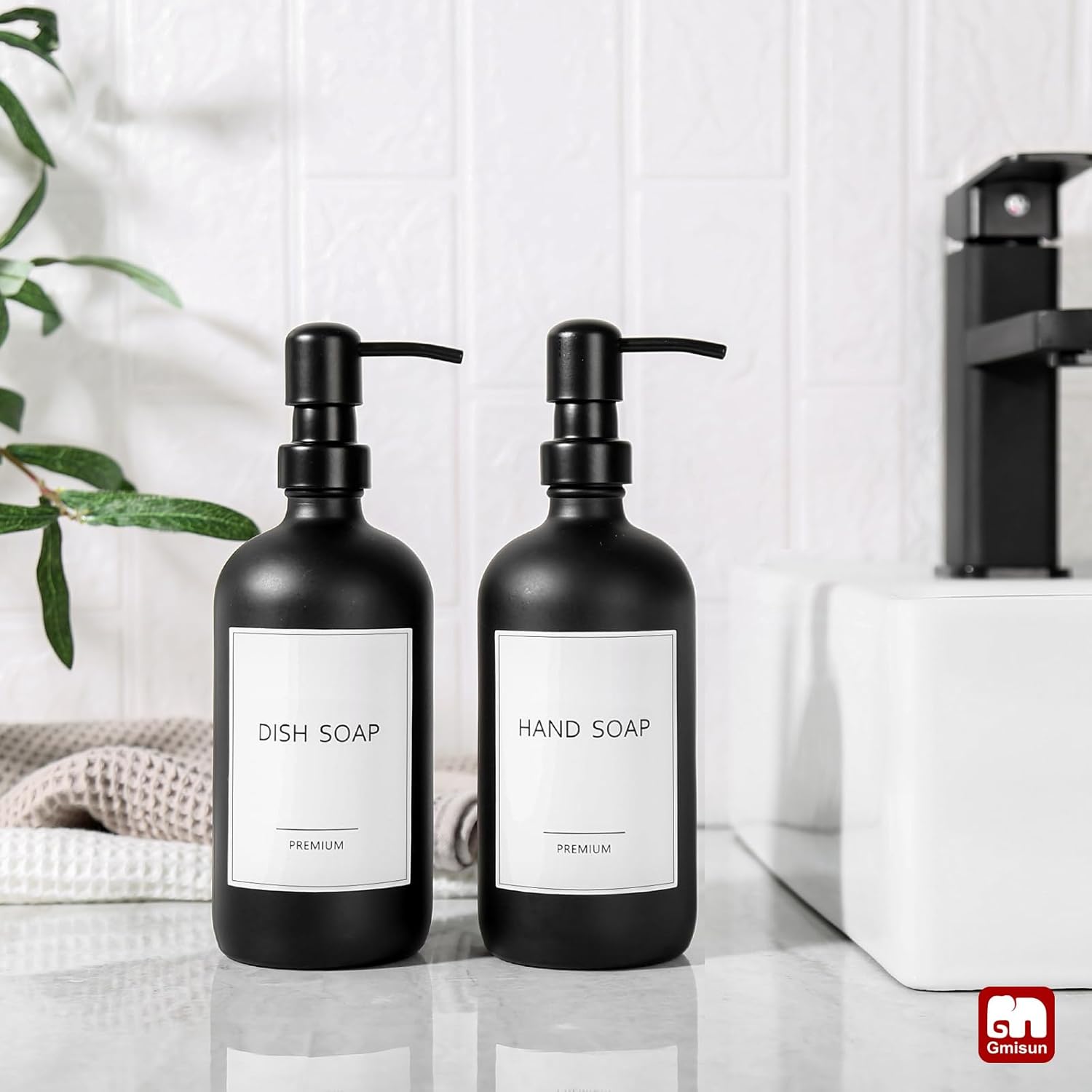 GMISUN Black Soap Dispenser, 2 Pack Matte Black Hand Soap Dispensers for Bathroom, 17 Fl Oz Glass Dish Soap Dispensers for Kitchen with Stainless Steel Pump, Modern Liquid Soap Bottle - Image 4