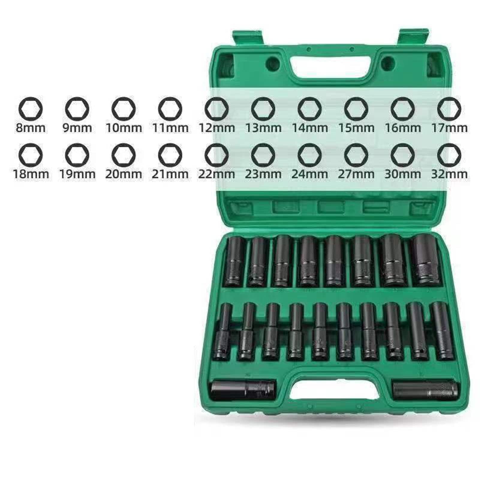 Juego de Llaves de Vaso de Impacto, 20 Piezas, 8-32mm, Acero Cromo Vanadio, Revestimiento Negro, para Mantenimiento Auto y Reparación de Coche
