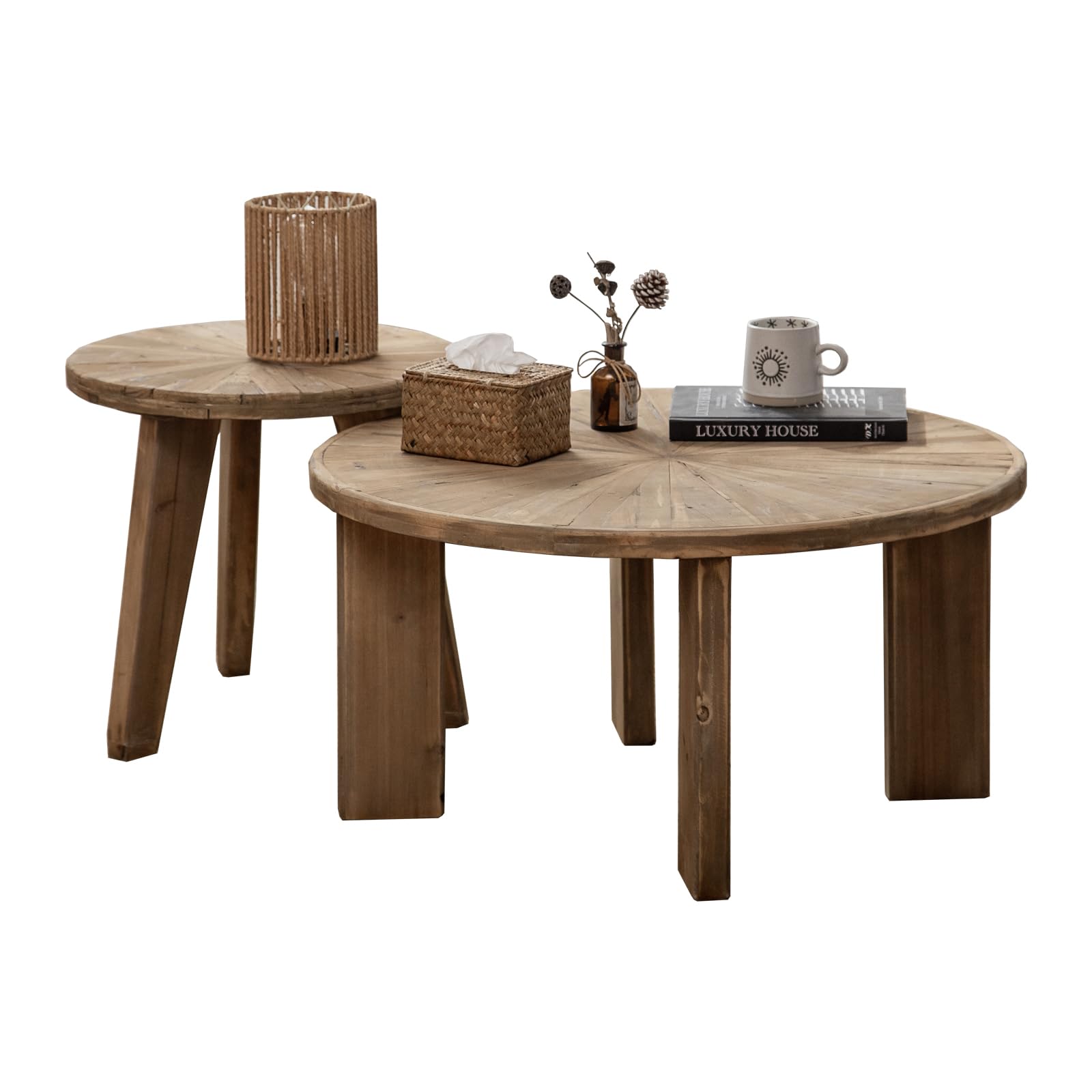 HuiDaoFarmhouse Living Room Coffee Table Set of 2, Modern Circle Nesting Table Round Natural Finish with Handcrafted Old Solid Wood, Wooden Unique Coffee Table