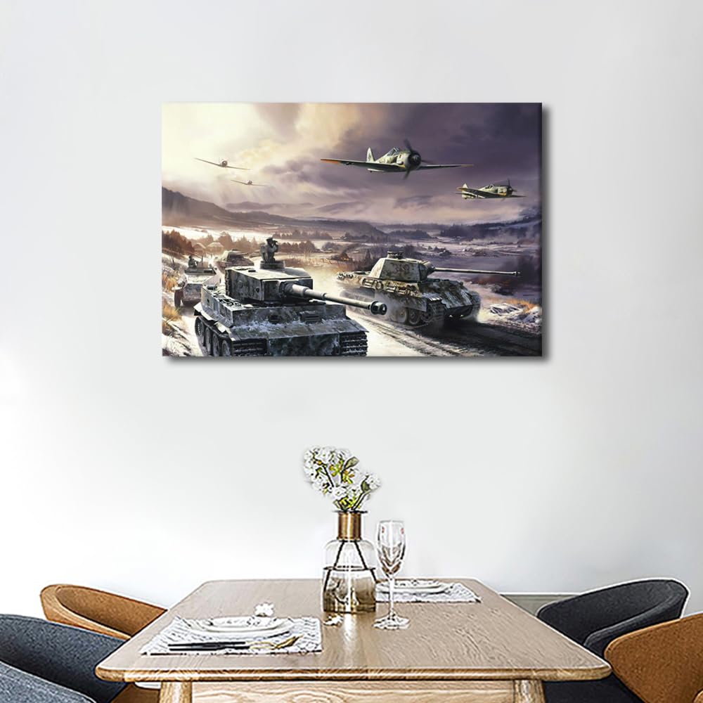 Canvas Wall Art WW2 Tank Wall Paintings for Living Room 1 Panel Boat Artwork Prints on Canvas Modern Home Decorations Autumn and Winter Decoration Framed Gallery-Wrapped Ready to Hang 24x16 in - Image 2