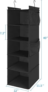 MAXhouser 5 Shelf Hanging Closet Organizer Space Saver Cloth Hanging Shelves 4 Side Pockets, Foldable, Black | クローゼット用折りたたみ式ファブリックハンギングシェルフ、布製吊り下げ棚、頑丈な吊り下げフック2個付き、省スペース。