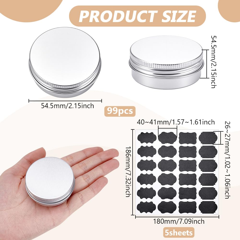 99 boîte de Conserve Ronde Contenants en Aluminium de 30 ML avec Couvercle à Vis Petites Boîtes avec 5 étiquettes en Papier Contenants Cosmétiques de Voyage pour Baumes (Argenté)