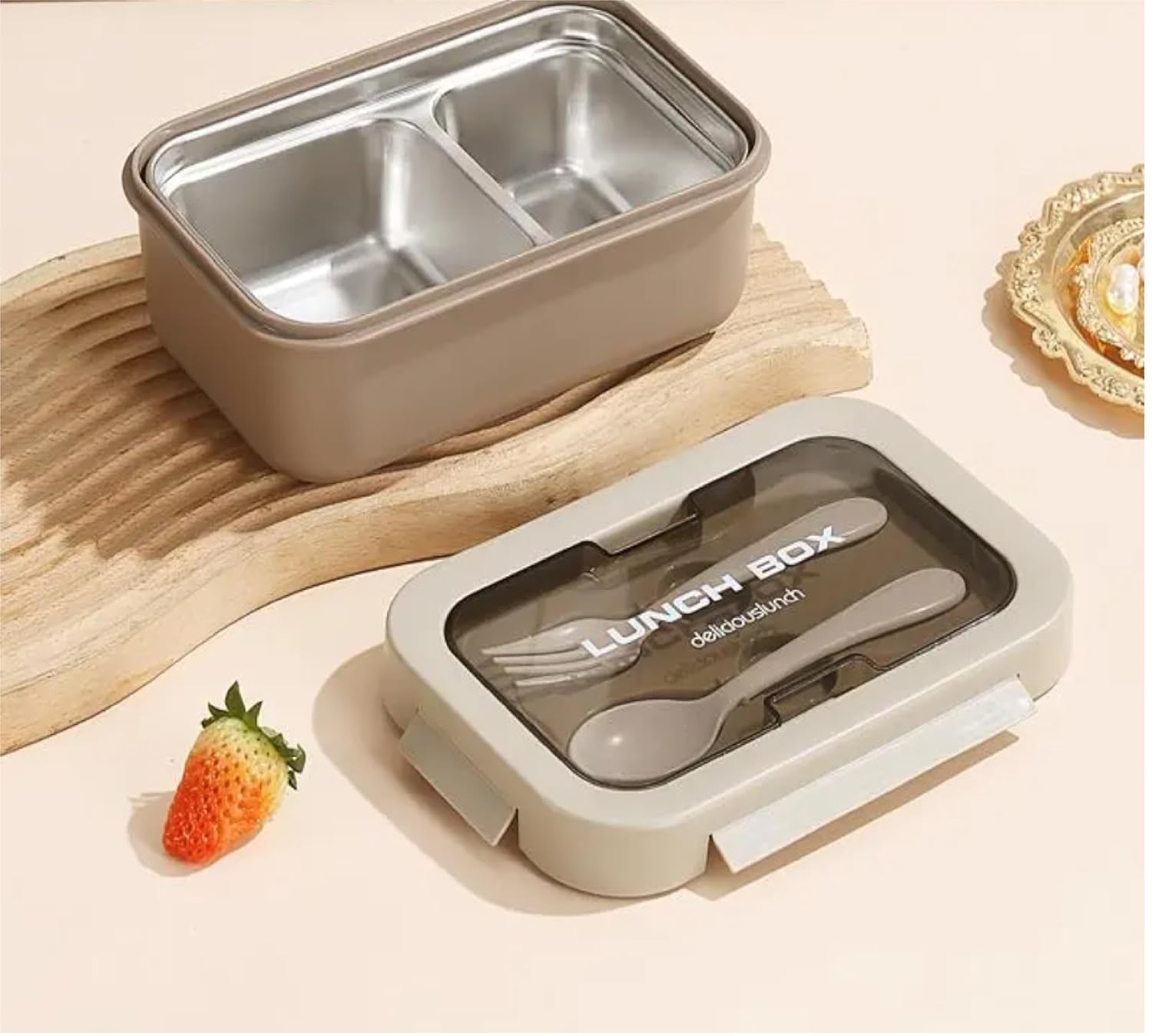 Hidak School Tiffin Box Large Capacity Insulated Lunch Box Microwave Safe 2 Layers All in One Stainless Steel Bento Box Leak Proof Lunch Box for Dining Out Work (Cream)-image-49