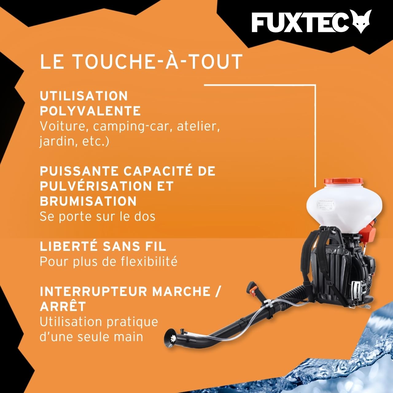 Pulvérisateur pression à dos thermique FUXTEC FX-MSP2.2 - Sac à dos essence 41,5 cm3, pulvérisation poudre ou liquide pour fertilisation, lutte contre les parasites, épandage de sel