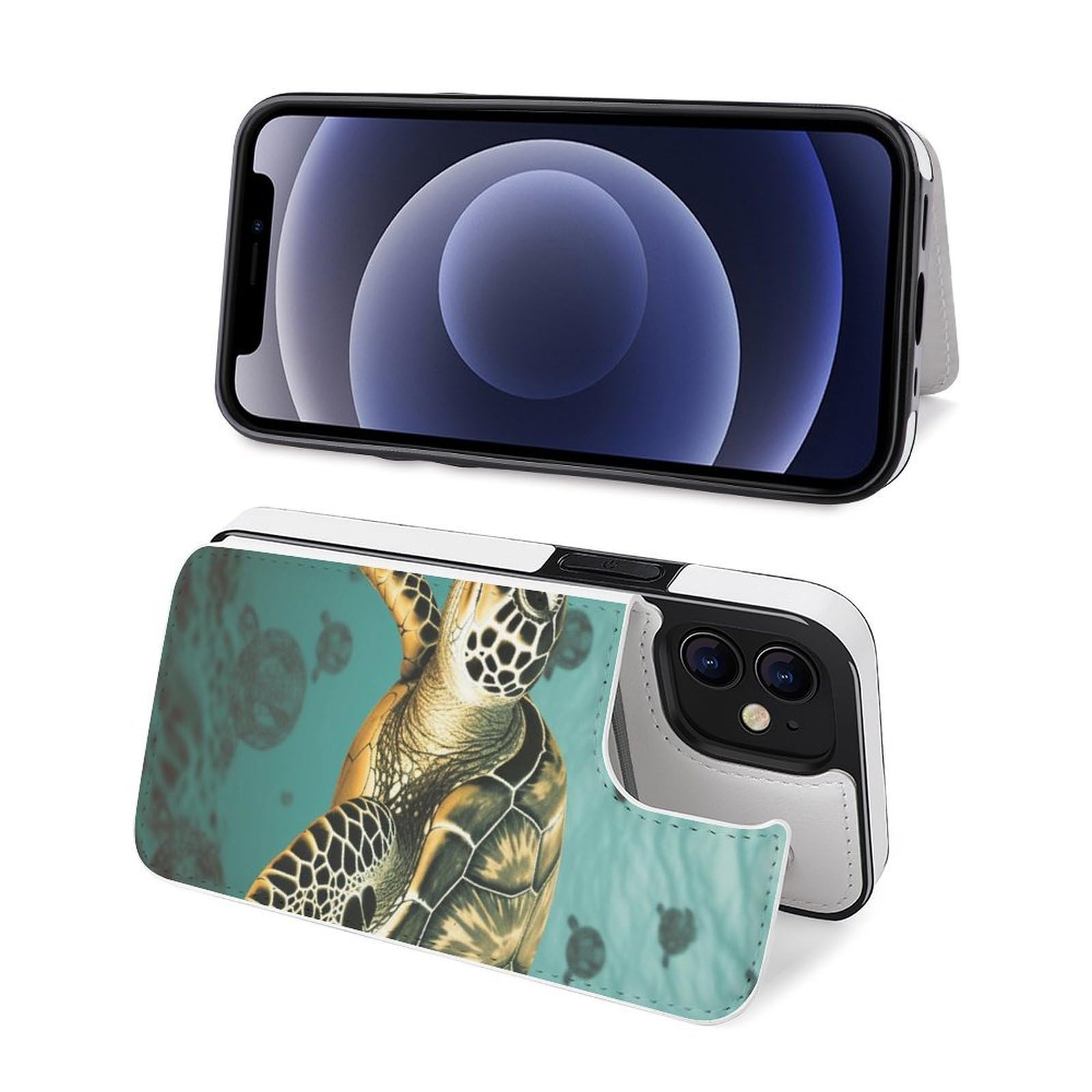 Fundas tipo cartera para iPhone 12 Mini, diseño de tortugas marinas, funda de piel con ranuras para tarjetas