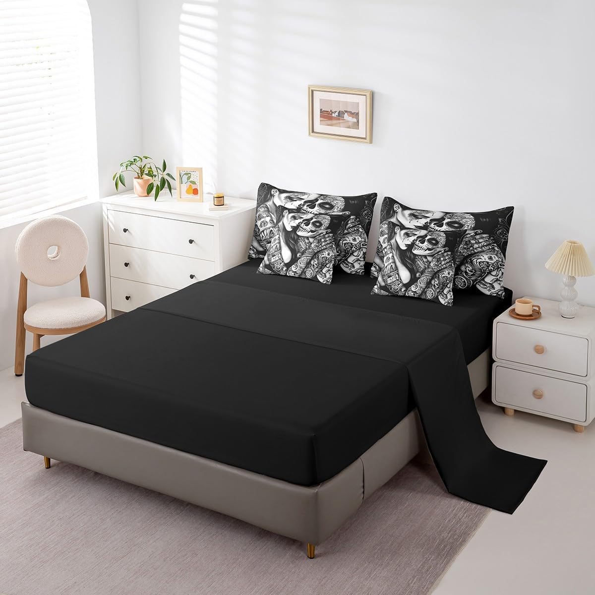 Erosebridal Boho Skull Couple Bedding Set for Kids Teen Adults,Sugar Skull Queen Comforter Set 7 Piece Exotic Skeleton Lovers Bed in A Bag Gothic Black White Bed Set Room Decor