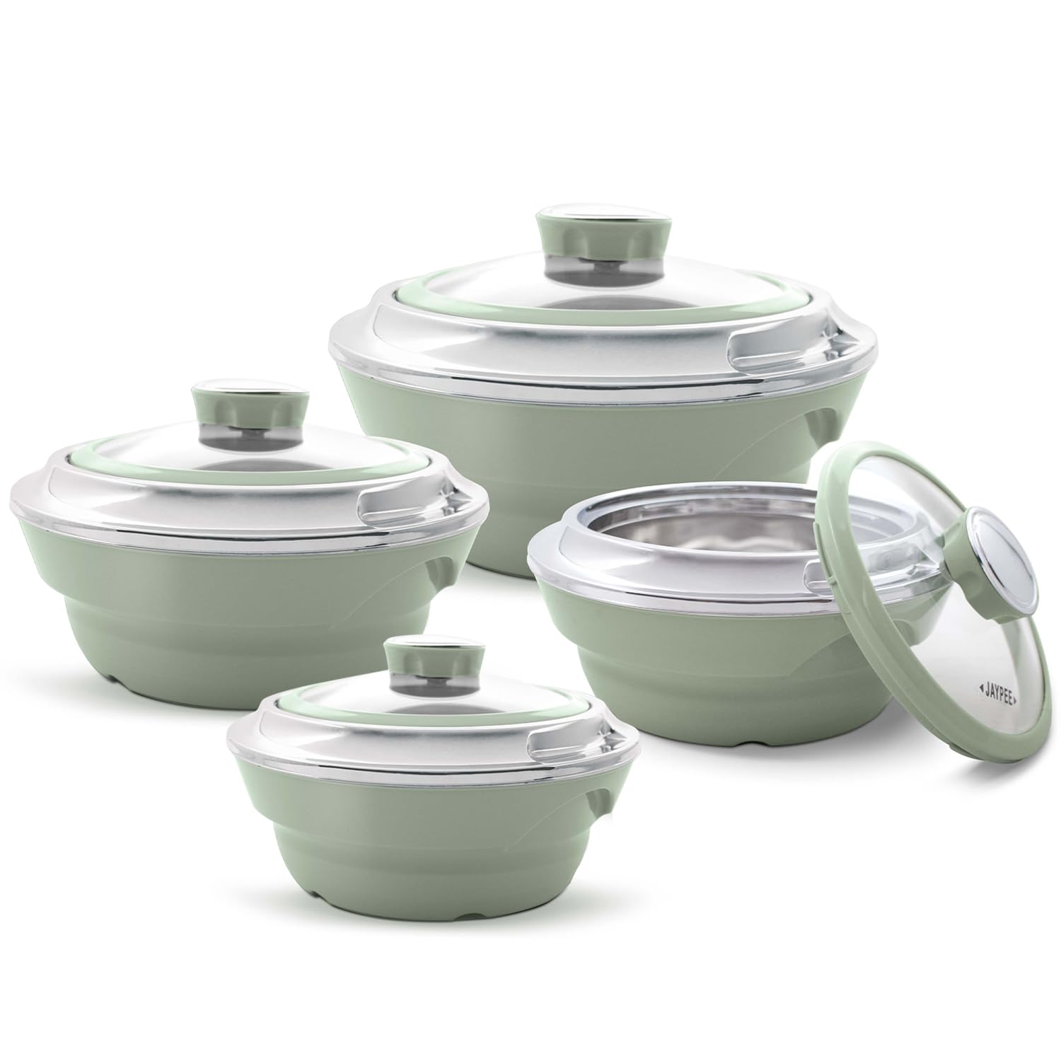 Homsmyth Insulated Casserole Dishes | Serving Dishes With Glass Lid | Stainless Steel Inner | Keep Food Warm | Thermal Food Container | Hot Pot | Set of 4-1L, 1.5L,2L & 3L (Green)