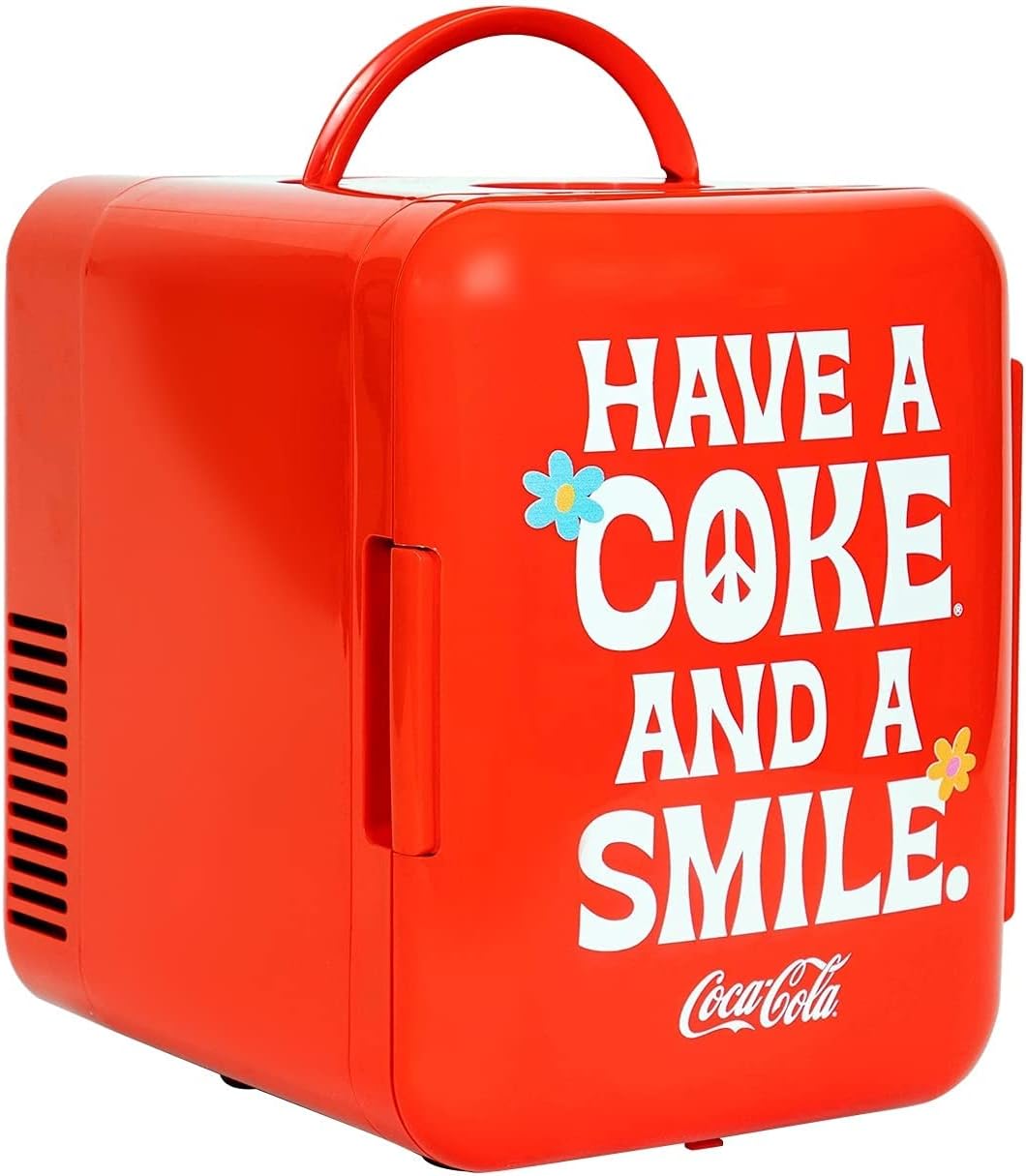 Coca Cola Mini Fridge - Refrigerator for Bedroom Office, Portable Table Top Beverage Cooler, 12V 110V Refrigerador For Drinks, Soda, Wine, Use In Car, Dorm, Outdoor, Patio, 6 Can