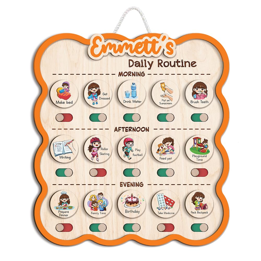 Personalized Wooden Chore Chart for Kids, Daily Routine Chart for Toddlers, Visual Schedule for Kids Age 3-5, Morning Bedtime Routine for Girls (06)