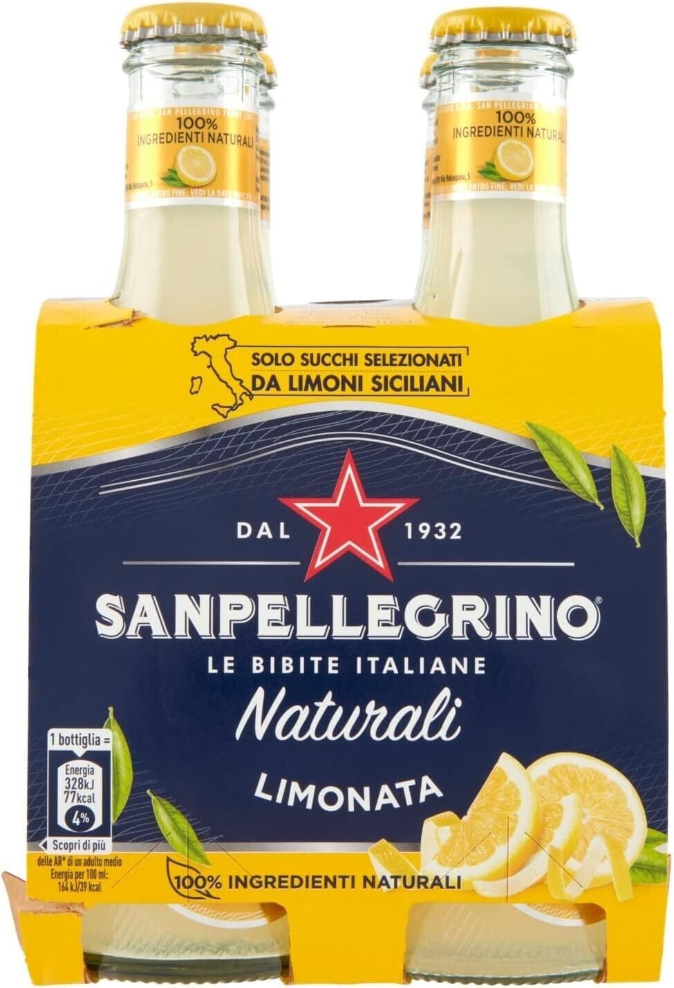 24x San Pellegrino Limonata Naturali Bevanda Analcolica Rinfrescante con succo di limone italiano, Bottiglia di vetro 20cl