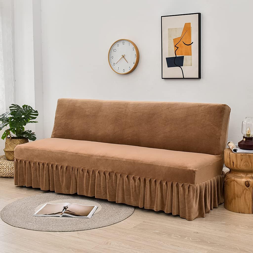 Velvet Sofa Bed Cover Futon Slipcover Solid Color Full Folding Elastic Armless for Patio Couch Bench (Camel-with Skirt Ruffled, Large(63"-71"))