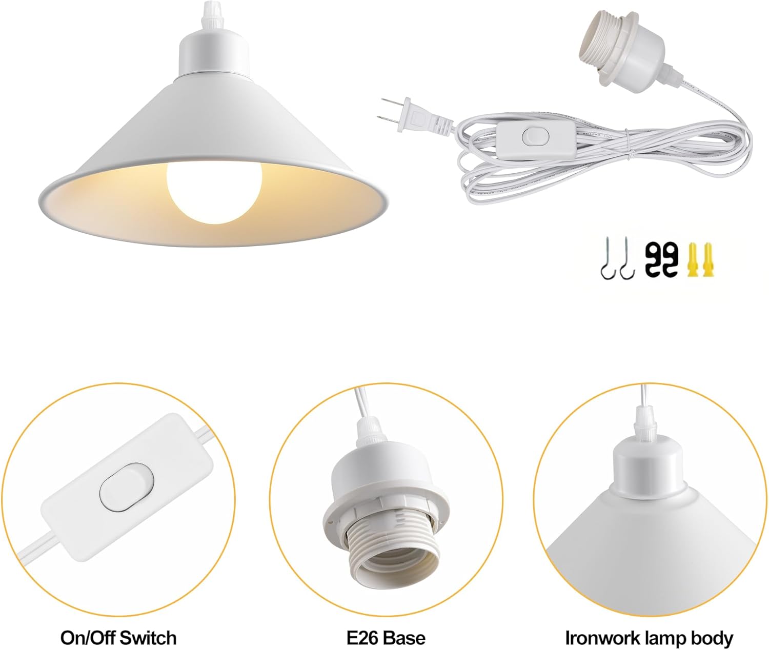 8.2IN Plug in Pendant Light, 2 Pack Industrial Hanging Lamp White Vintage Pendant Lighting Fixtures with 15ft Cord On/Off Switch for Kitchen Island Dinning