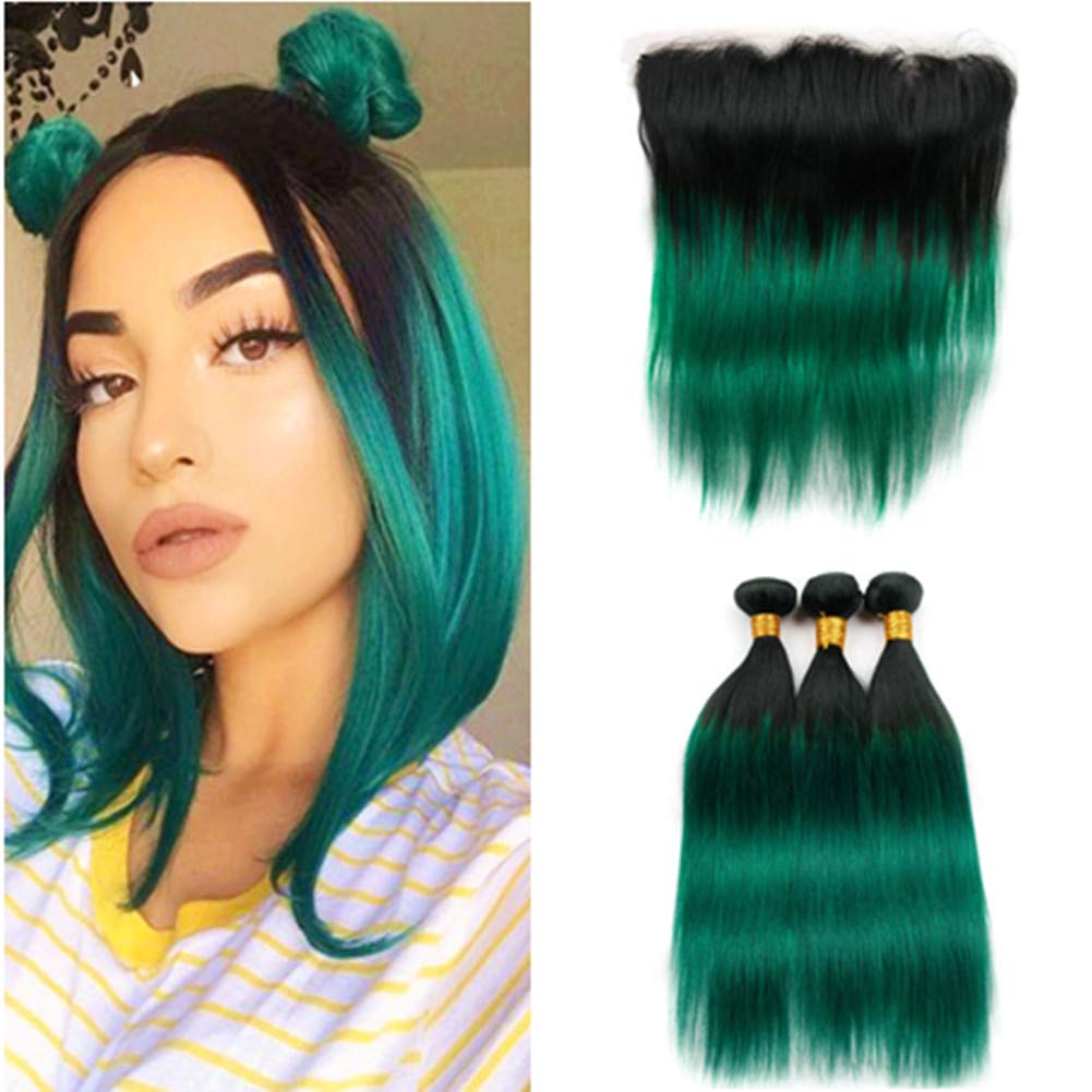 Dark Green Ombre Human Hair Bundles with Lace Frontal