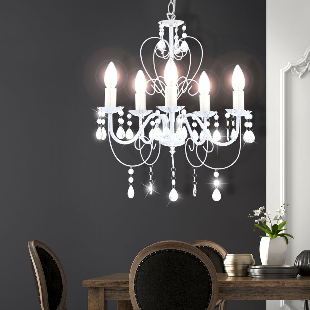 Pendelleuchte weiß Kristall Lampe Kronleuchter Wohnzimmerleuchte Deckenleuchte Hängelampe, 5-flammig hängend, 5x E14, DxH 44x129 cm