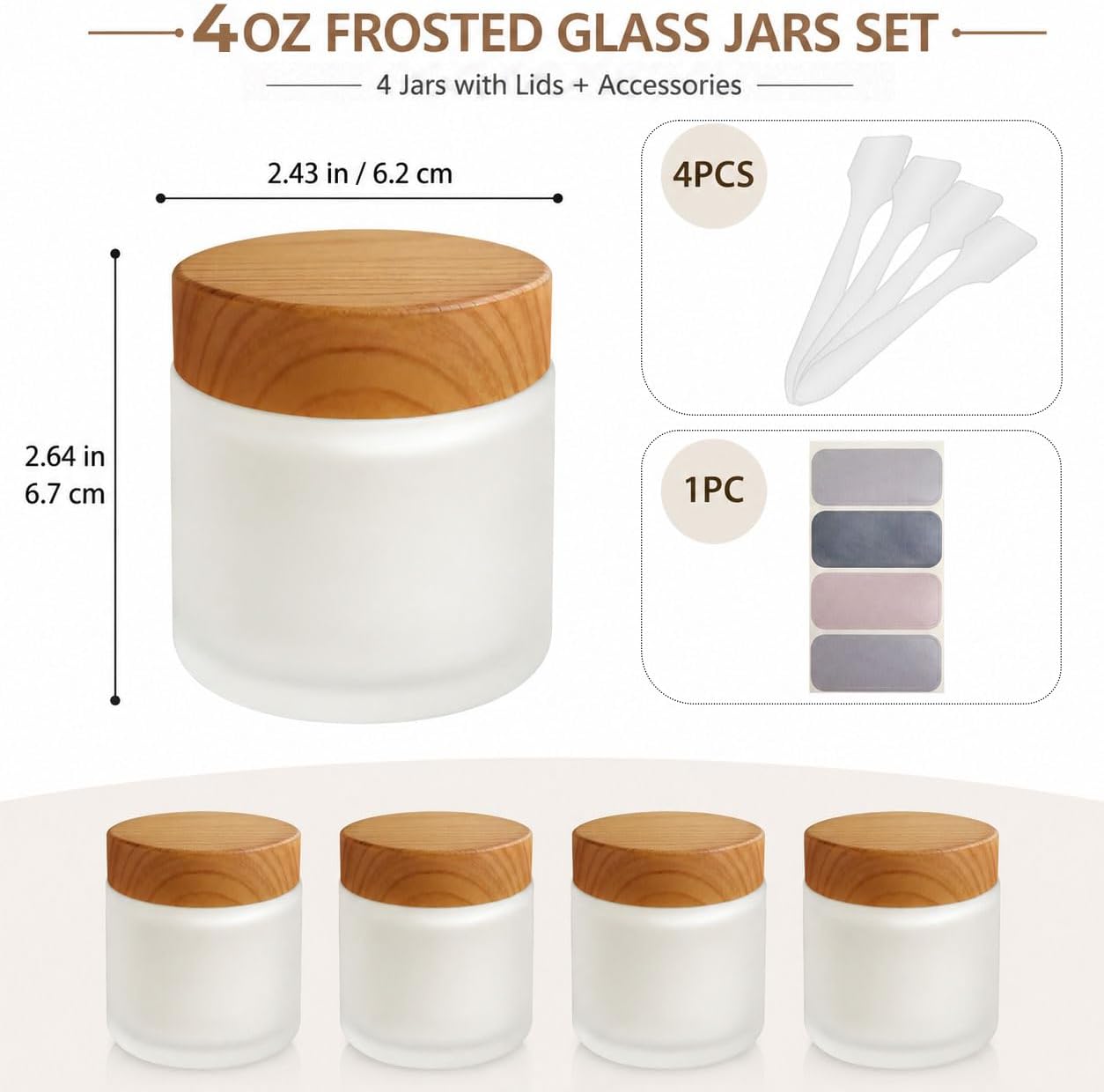 4 Pack 4 OZ Frosted White Glass Jars with Woodgrain Lids and Liners