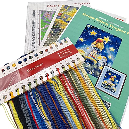 Image of Howie's Needlepoint Cross Stitch Kits, 14CT Pre-Printed Pattern Needlepoint Kits, Full Range of Stamped Starter Kits (Girl Picking Stars, 12.6 x 16.1 Inch)