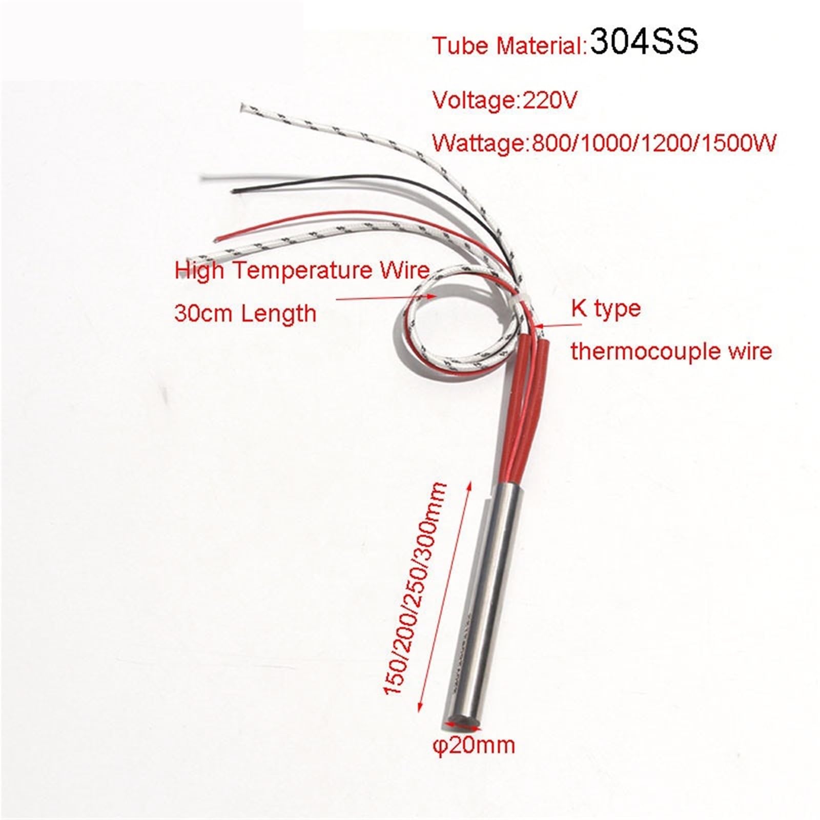 220V/380V Heizelementwiderstand mit K-Thermoelement 20x150/200/250/300mm 800W 1000W 1200W 1500W 5St(NO Thermocouple,220V_20X300MM 1500W)