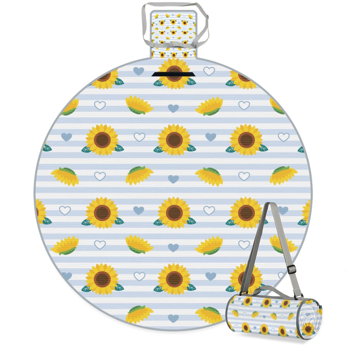 Striped Background Sunflower Picnic Outdoor Blanket Foldable Waterproof Sandproof Beach Blanket Portable Water-Resistant Round Picnic Mat for Travel Camping Park Lawn