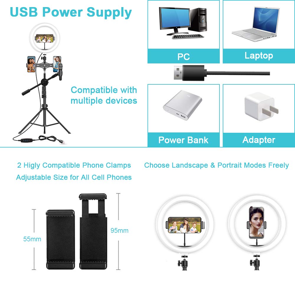 10"Selfie-Ringlicht mit 63" Stativ-Ständer, Bluetooth-Fernbedienung, 3 Handy-Halterungen & Mikrofon-Clip, Circle Lights LED-Ringlicht für Tik Tok/YouTube Videos, Make-Up, Fotografie & Live-Streaming