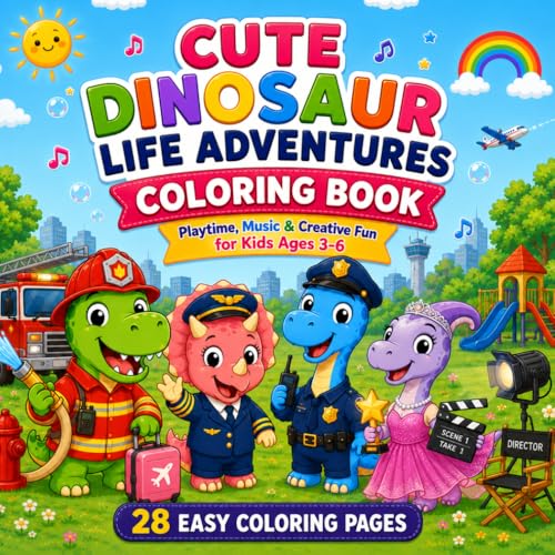 Cute Dinosaur Life Adventures Coloring Book: Creative Play, Music & Future Jobs for Kids Ages 3-6 image 2
