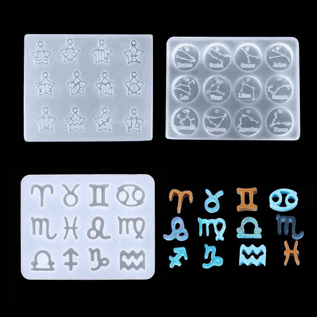 12 Constellations Resin Molds Zodiac Horoscope Pendant Jewelry Casting Trays with Hanging Hole for Earrings Gems Pendant Keychain Craft DIY Making, 3 Pack