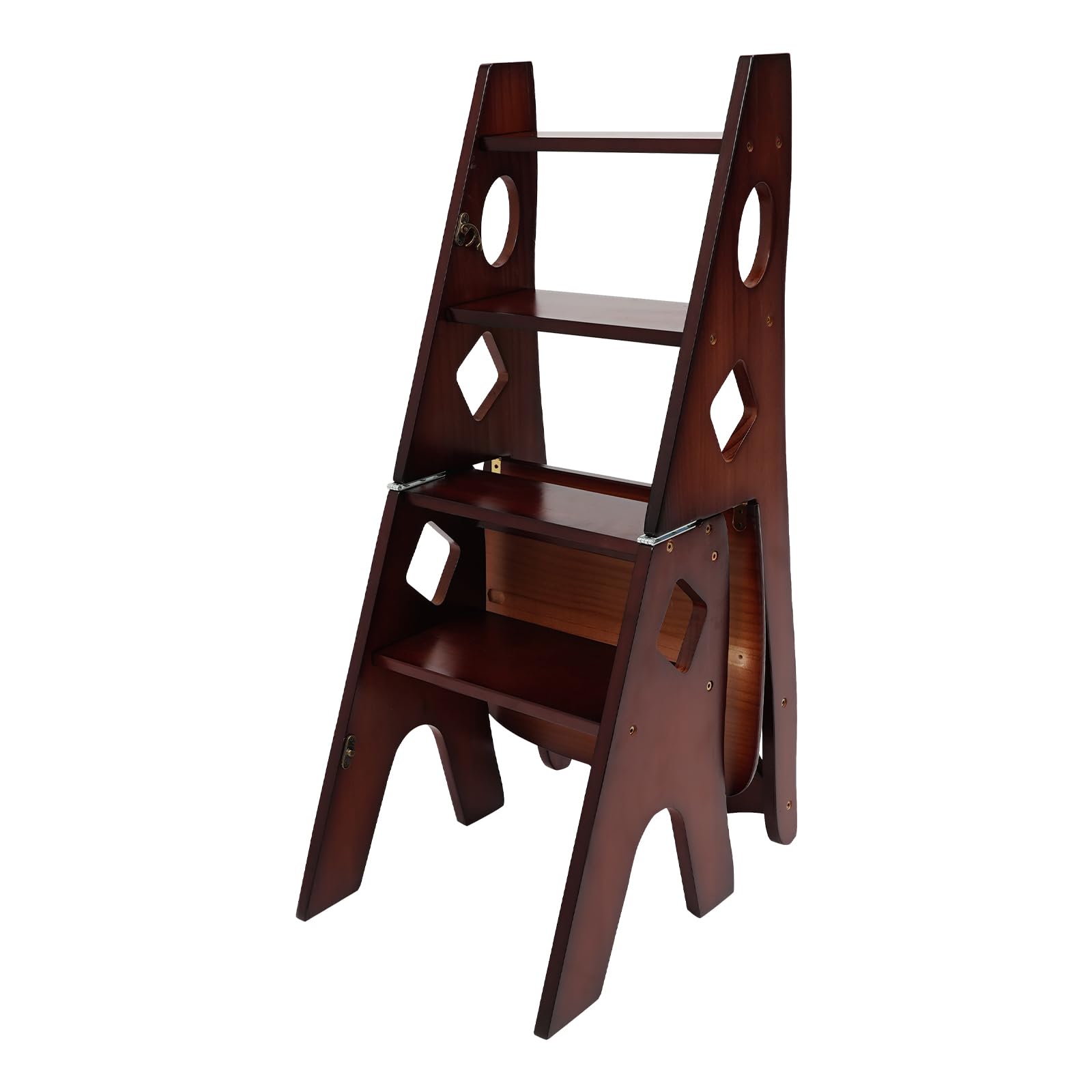 Chaise pliante-marchepied à 4 marches en bois pliable - Escabeau convertible et chaise d'escalier - Échelle multifonction, capacité de charge 100 kg, pour usage intérieur et extérieur (Noyer)