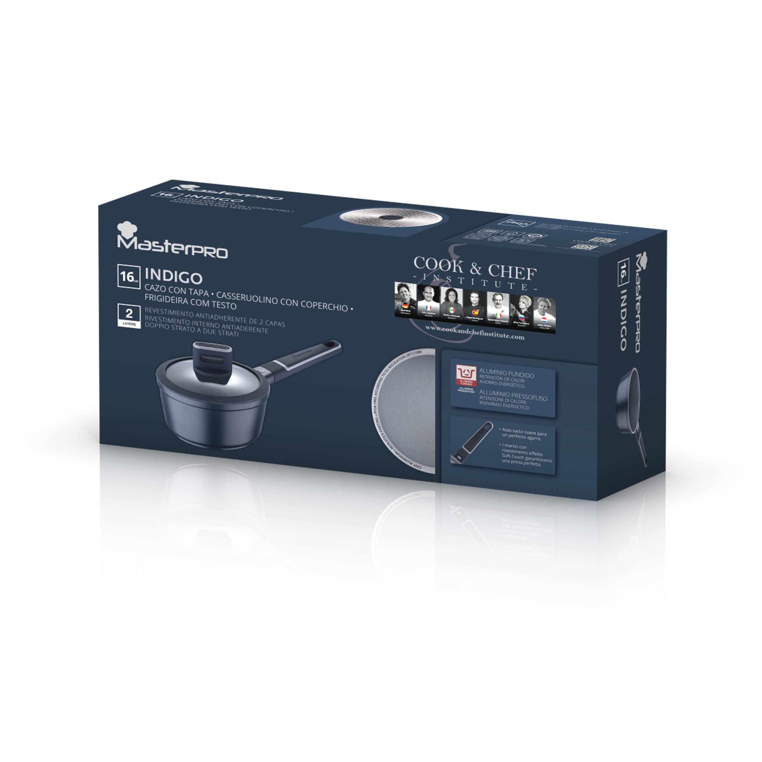 MasterPRO Indygo garnek kuchenny o średnicy 16 cm i wysokości 8,5 cm z pokrywką, wykonany ze stopionego aluminium, powłoka antytrasowa, do wszystkich rodzajów kuchni