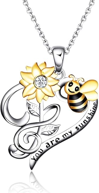 925 Sterling Silver Bee Necklace You are My Sunshine Necklace Bee Sunflower Pendant Jewellery Gifts For Women Girls Mum Daughter