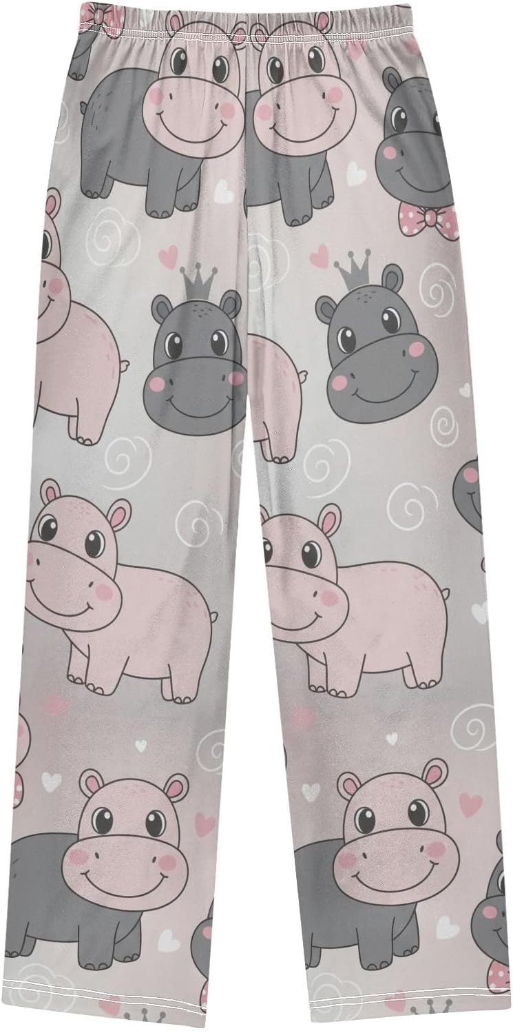 Cute Cartoon Hippo Pink Grey Pajama Pants, Soft Modal Lounge Sleepwear with Pockets Elastic Waist