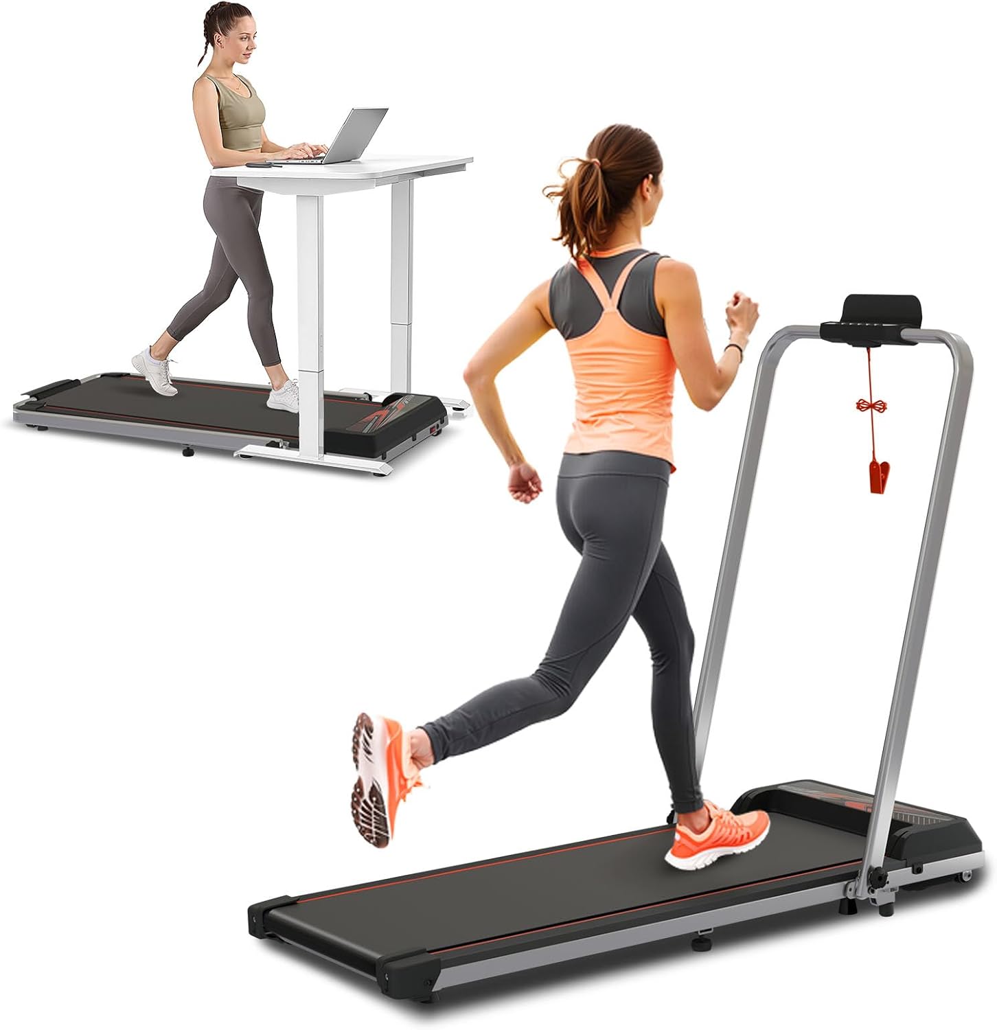 Portable Walking Pad with Handle Bar, 2.5HP Treadmill with Incline, Under Desk Treadmill for Home, 300LBS Capacity, Remote Control, Compact Walking Pad with Clear LED Display Upgraded Red