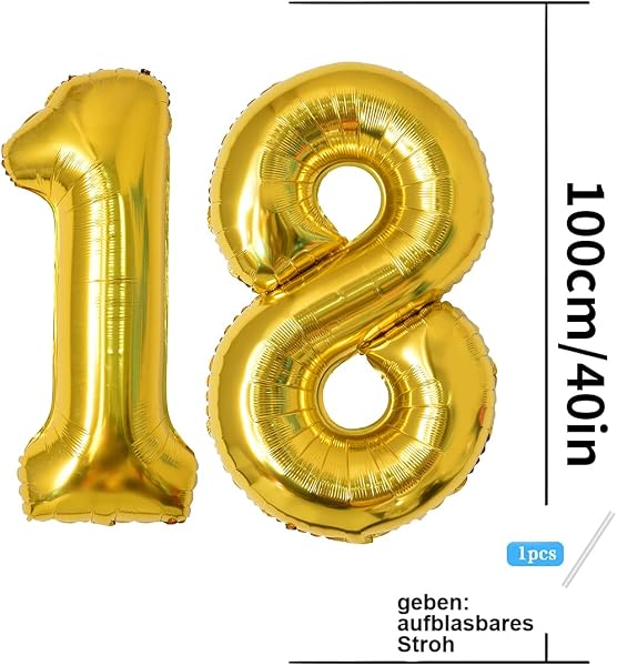 Ballons Anniversaire 18 Or - 100cm - Ballon Chiffre 18 Numéro 18 - Happy Birthday Decoration Fête d'anniversaire Ans Vole Grâce à l'Hèlium 18 - 2