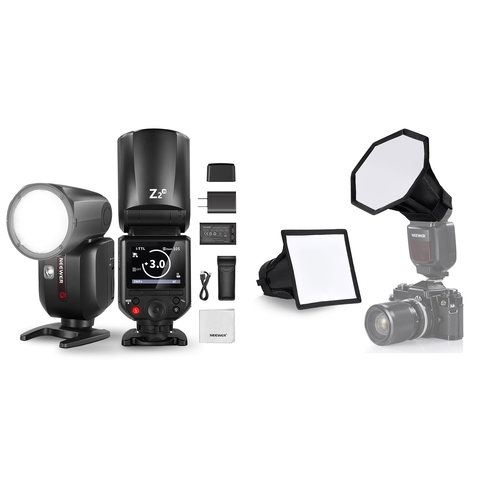 NEEWER Z2-N 2.4G TTL Round Head Flash Speedlite Compatible with Nikon + NS5P 2 Pack Diffuser (5.9"/15cm Octagon, 6"x5" Rectangular), 76Ws Speedlight with Modeling Lamps 2600mAh Battery Cleaning Cloth