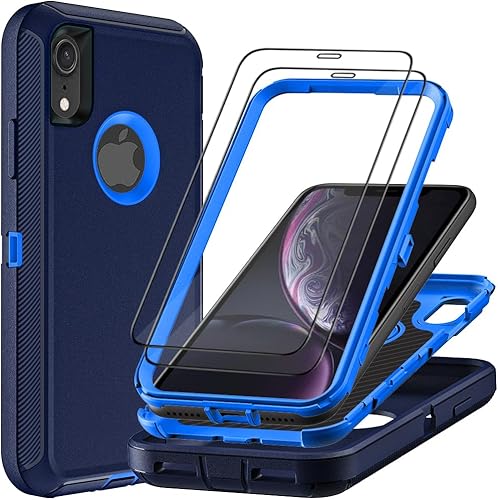 Funda para iPhone XR con 2 protectores de pantalla de vidrio templado, grado militar 3 en 1, resistente a prueba de golpes, caídas y polvo (azul