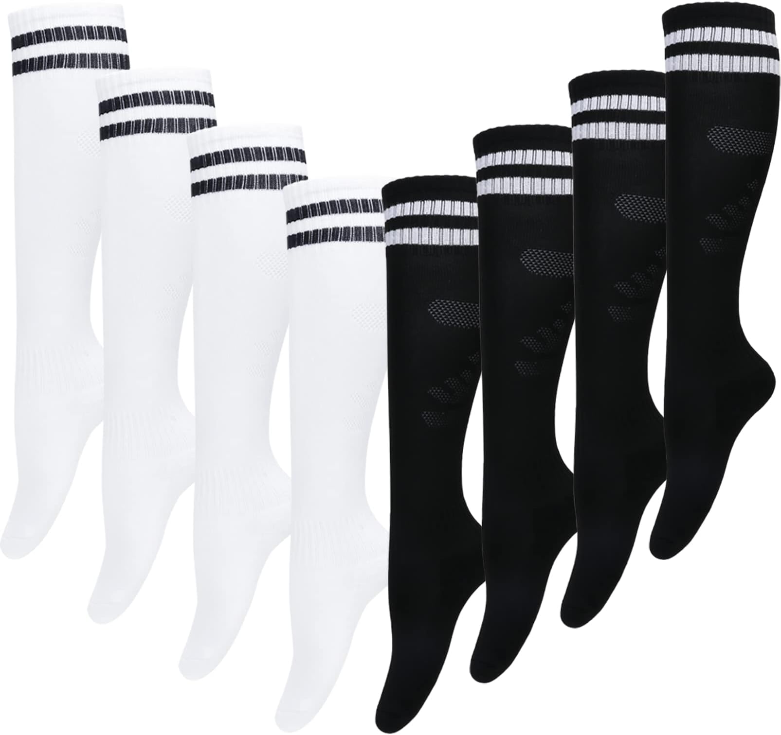 4 Pairs Soccer Socks Football Sport Team White Black Knee High Socks For Youth Boys Girls, Best for Running, Present for 5 6 7 8 9 10 11 12 Year old Kids