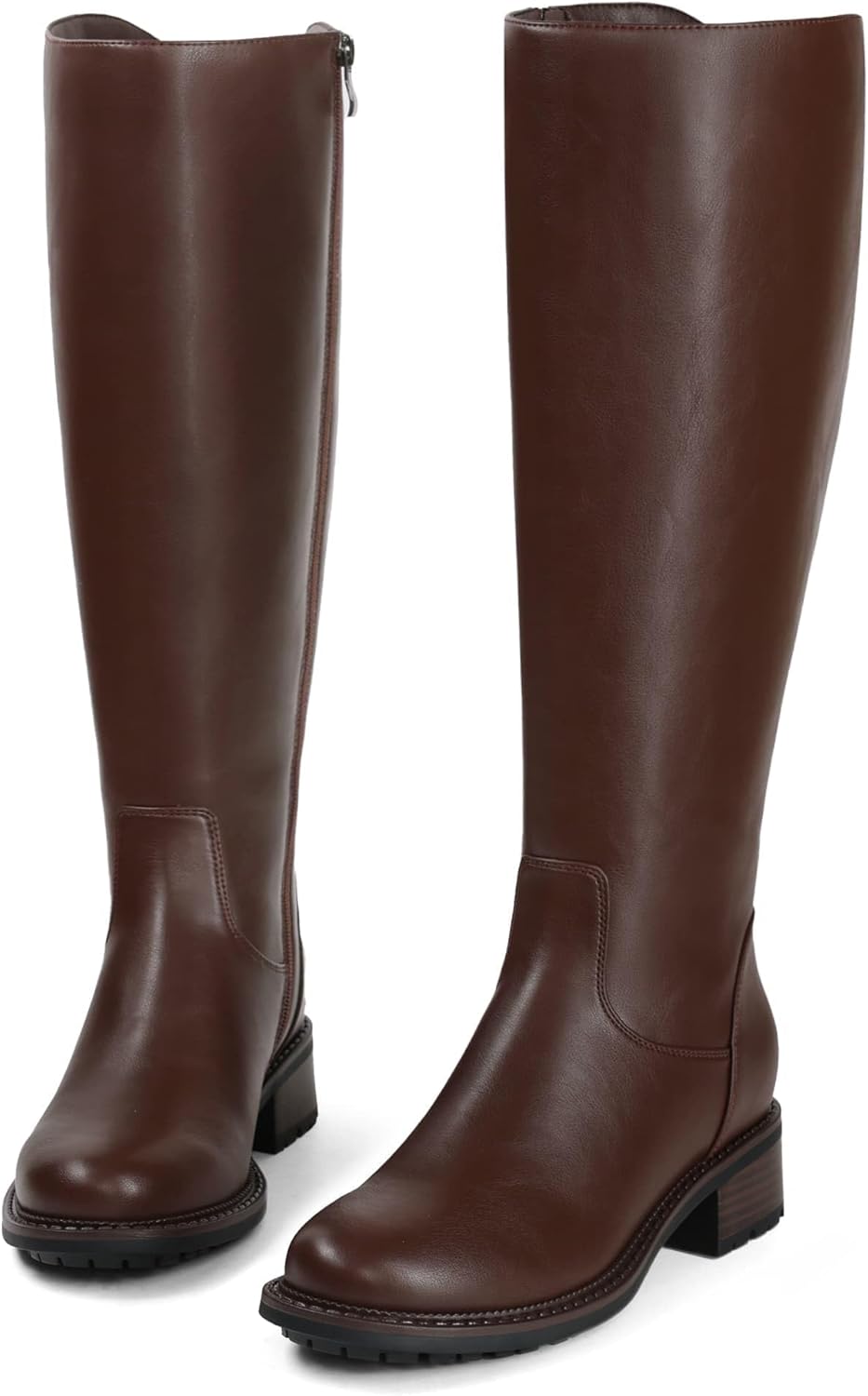 USIMAD Knee High Boots for Women Round Toe Tall Flat Low Chunky Heel Long Riding Boots