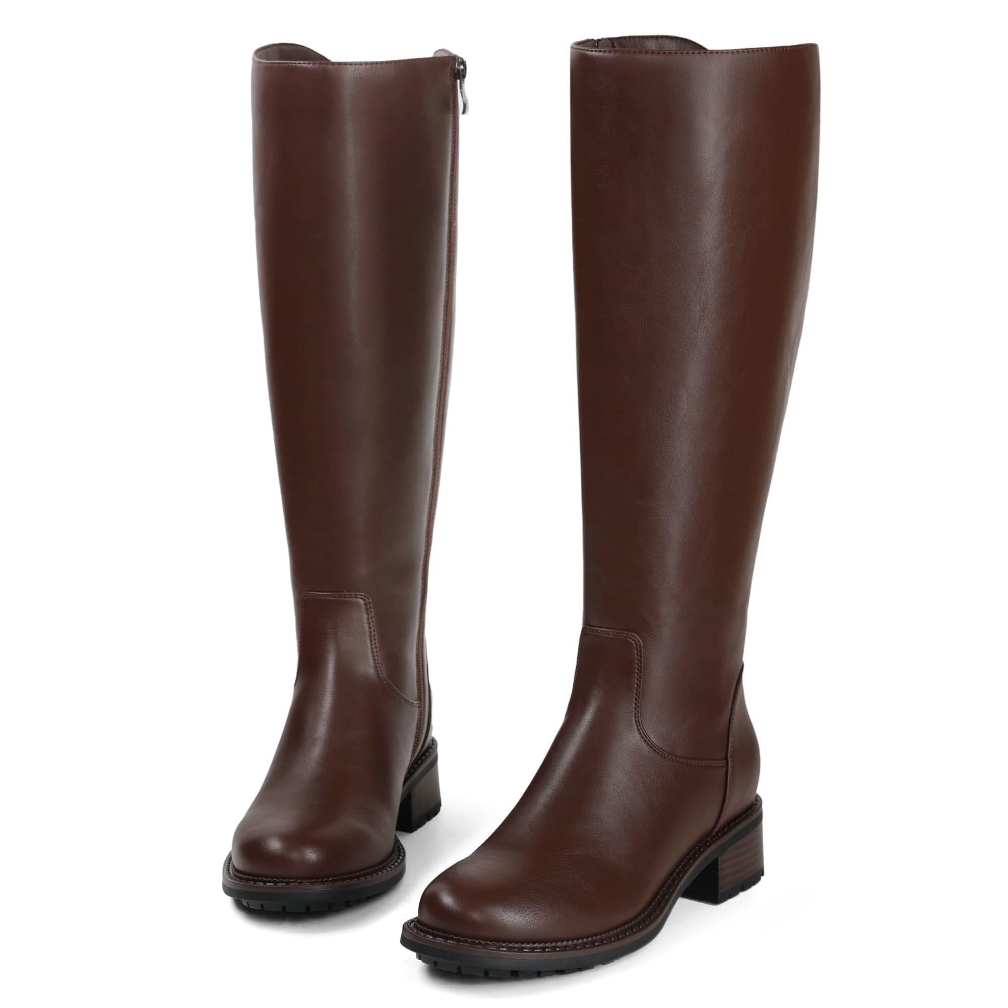 USIMAD Knee High Boots for Women Round Toe Tall Flat Low Chunky Heel Long Riding Boots