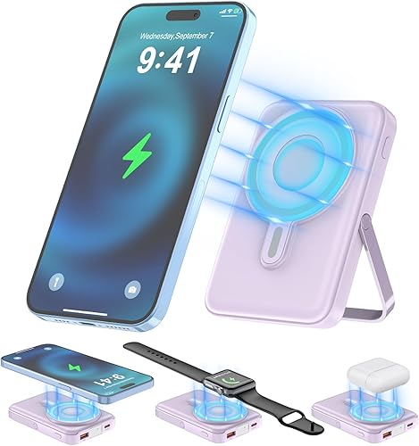 Miniatura 9 de Cargador inalámbrico portátil 10000mAh, banco de energía magnético 3 en 1 con pantalla LED y cables integrados, paquete de batería Mag-Safe de carga