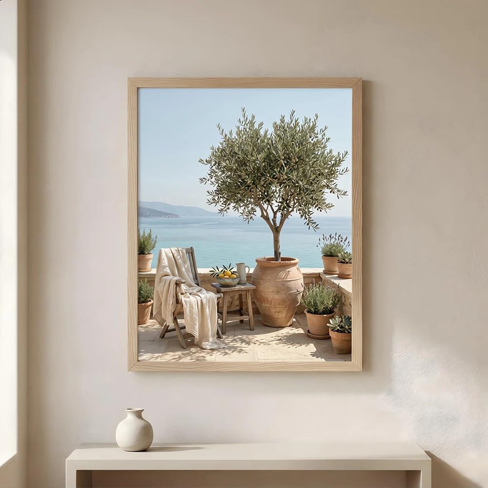 Gosrd Frameless Olive Tree Terrace Canvas Print, Preserved Coast Wall Arts Painting Home Living Room Decor(60X85cm)