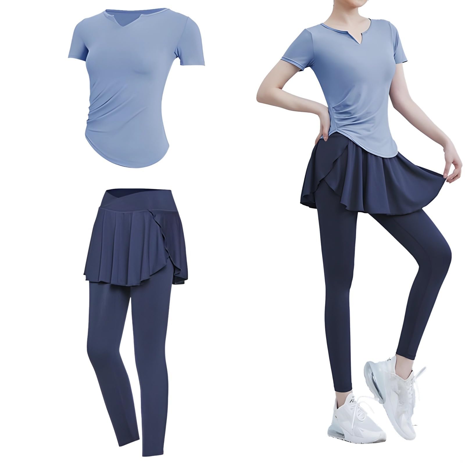 Conjunto de ropa deportiva de 2 piezas para mujer, camiseta de manga corta con cuello en V y leggings de cintura alta, tela transpirable de poliéster y elastano para yoga, pilates y fitness, talla XXL