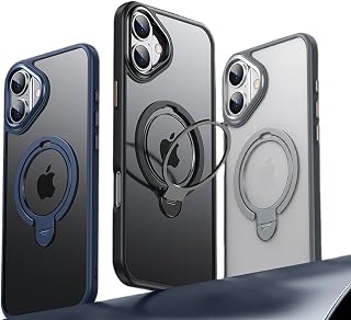 2024最新 双环 iPhone16Plus 用壳 支持支架的同时Magsafe一边定点360度旋转 扁平收纳支架 环 竖放对应 哑光感 薄型 半透明 iPhone 16 Plus 环壳 美军MIL规格 耐冲击,透明