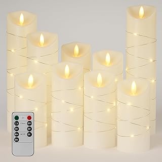 Baquler 9 Pcs Flameless Candles with Embedded String Lights 10 Key Remote Timer 24 Hour Timer Function, Flickering Flameless Pillar Candle Real Wax Dancing Flame Battery Powered 5" 6" 7" 8" 9"