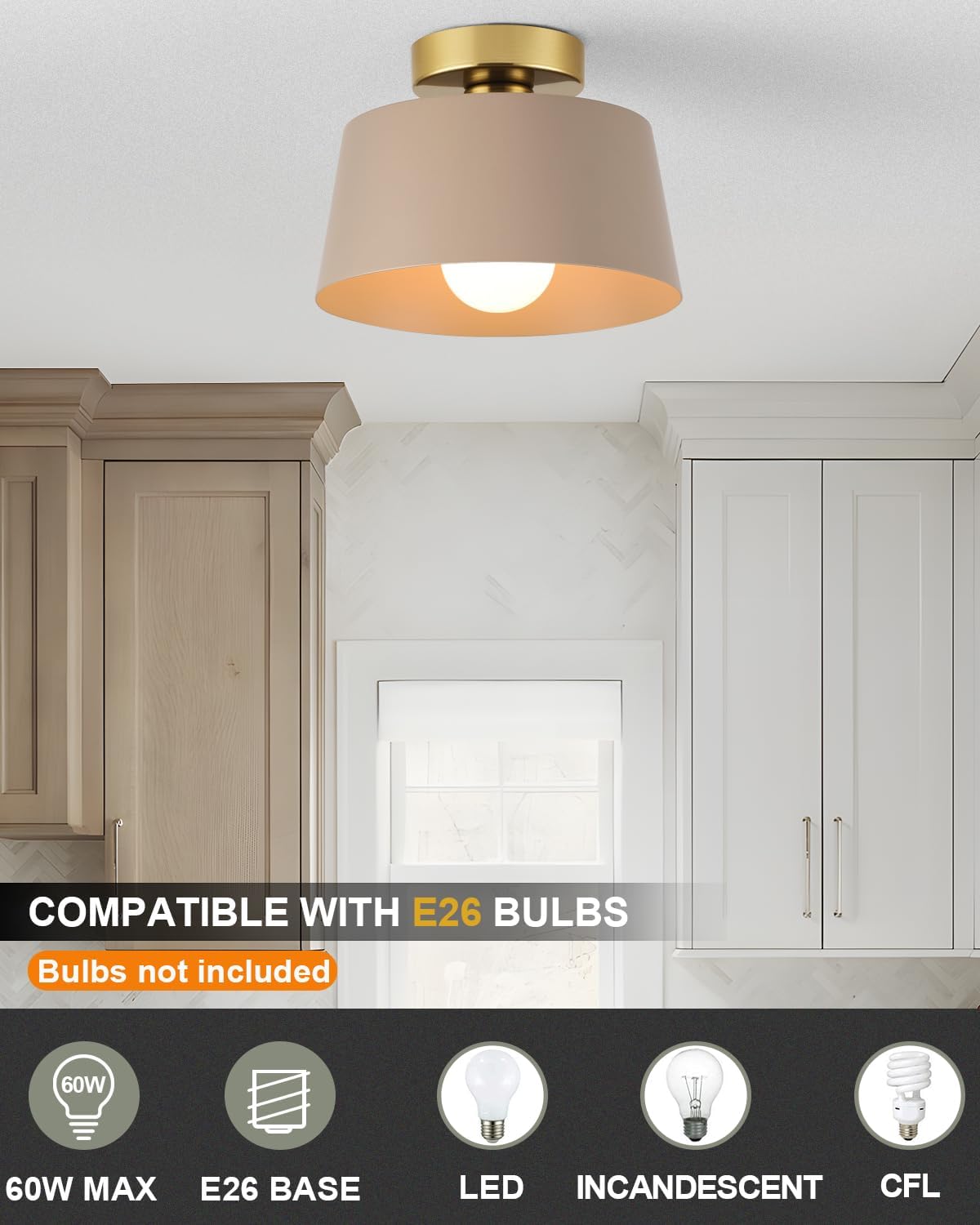 Ceiling Light Fixture, Hallway Ceiling Light with Gold Plate and Matte Black Shade, Modern Simple Style Porch Light Fixtures Semi Flush Mount (Brown)