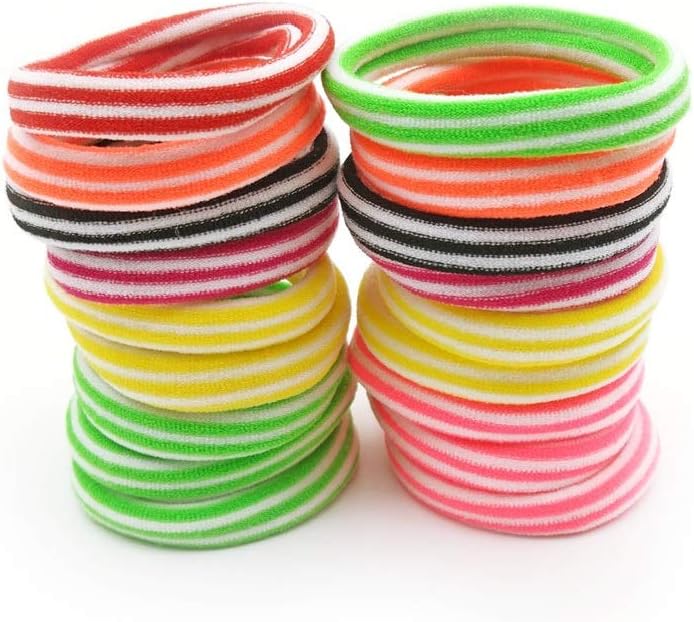Baby's Multicolour Striped and Solid Elastic Cotton Hair Ties - Set of 50 Pieces