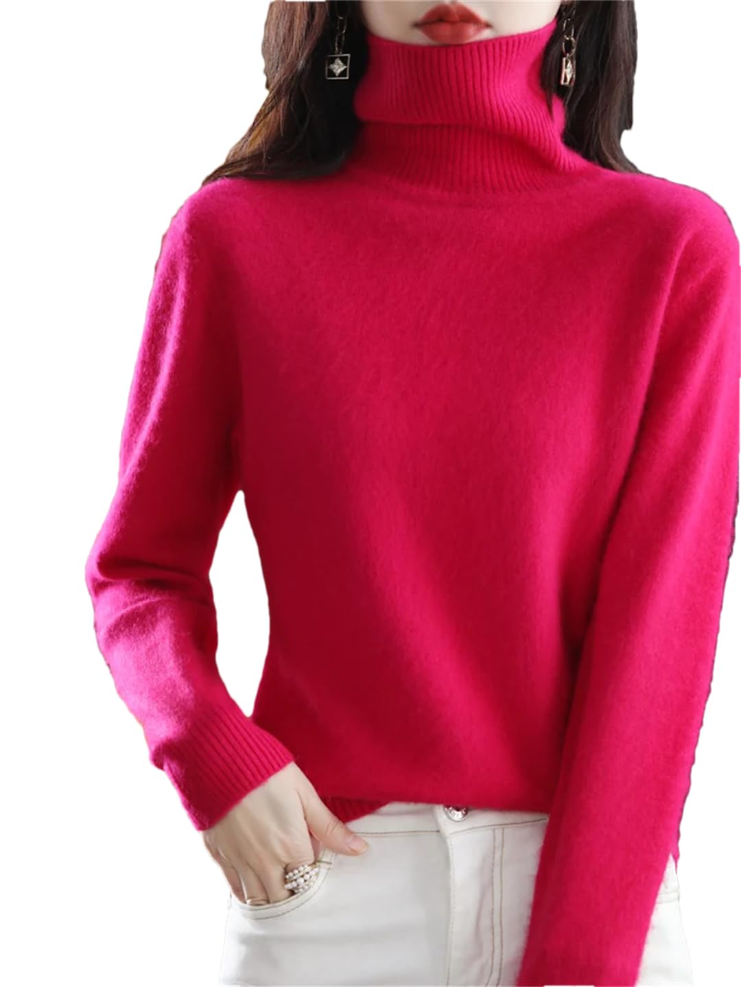 Damski sweter z golfem w jednolitym kolorze, wąski, miękki, ciepły, długi rękaw, różany czerwony, XL